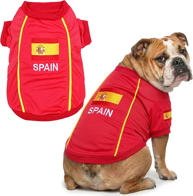 Parisian Spain Dog Jersey - Breathable Mesh Puppy Football Jersey - Lightweight Stretch Sporty Dog Clothes - Summer Shirts for Large Dogs - Soccer Jersey for Dogs - Sportswear Pet Clothes