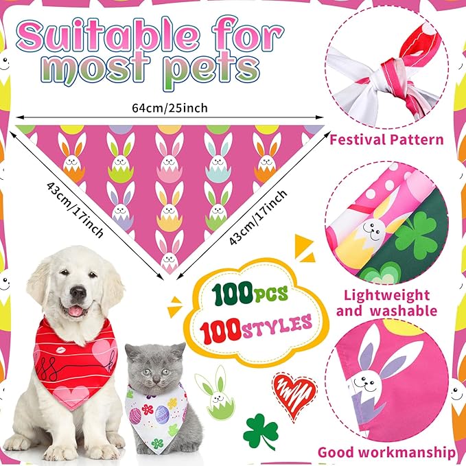 100 Pcs Easter Seasonal Dog Bandanas Easter Valentines Day St. Patrick's Day Theme Pet Bandanas Bulk Holiday Triangle Pet Bibs Scarf for Medium Large Dog Spring Festival Costume Decor