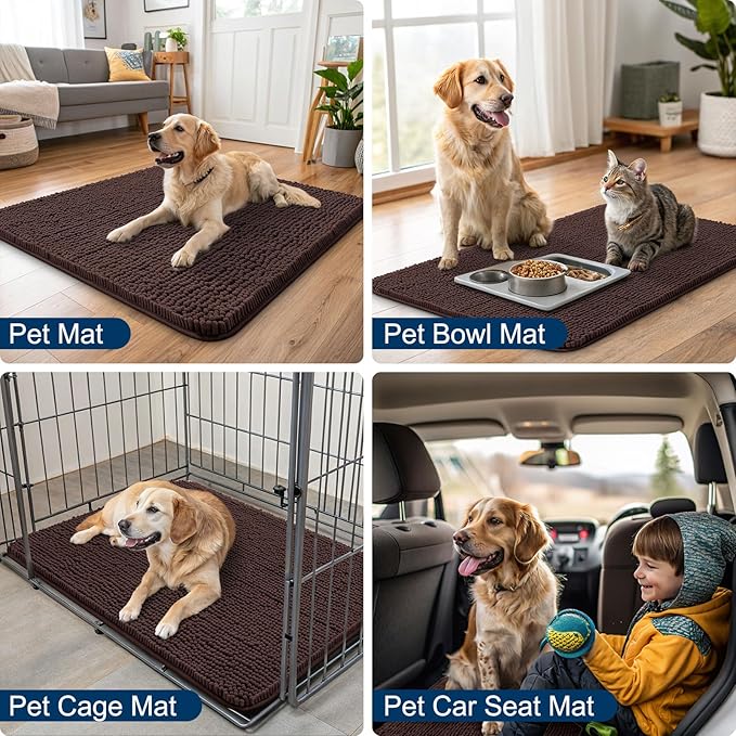 Smiry Dog Door Mat for Muddy Paws 54x24, Absorbs Moisture and Dirt Doormat, Non-Slip Washable Quick Dry Chenille Front Door Mat Indoor Entrance, Entryway Carpet for Inside Floor, Brown
