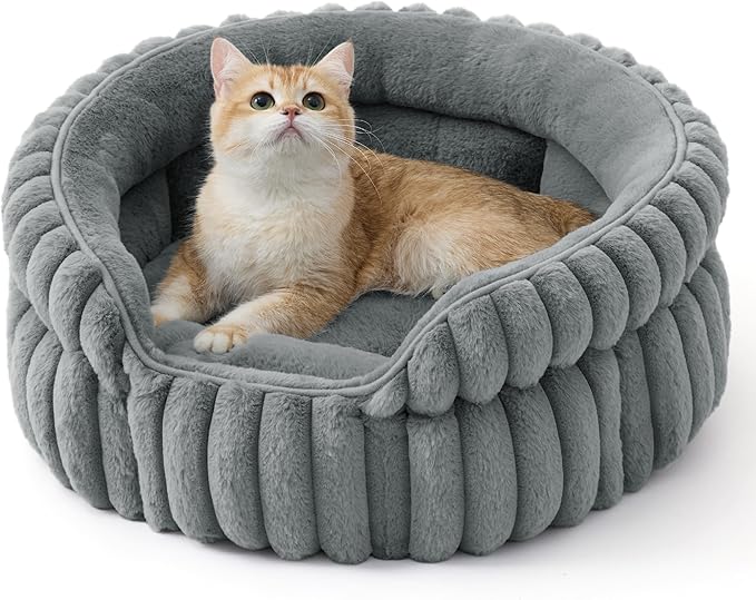 Bedsure ComfyFleece™ Cat Bed, Washable Round Cute Pet Beds for Indoor Cats, Super Soft Corduroy Kitten Bed with Anti-Slip Bottom, 20''x20''x8'', Warm Gray