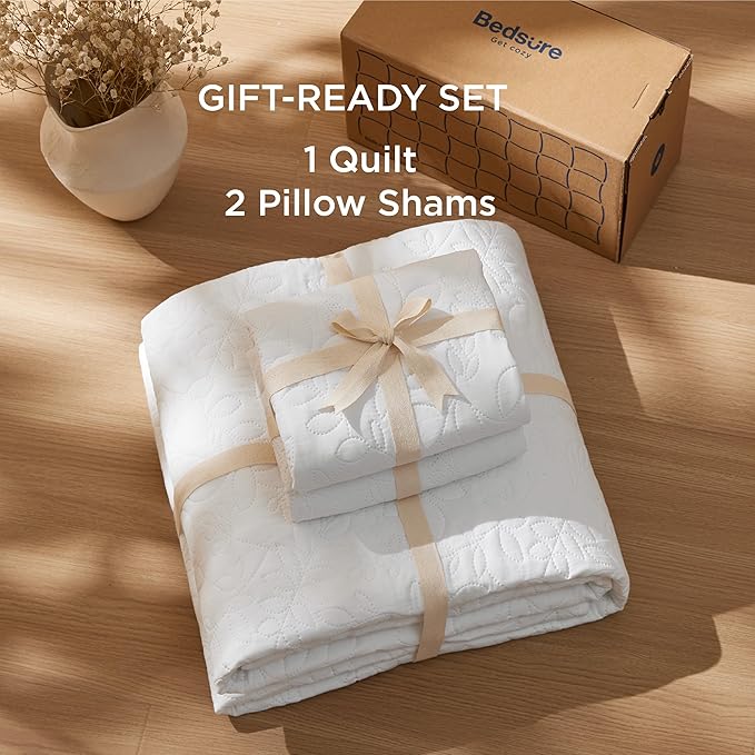 Bedsure Quilts Queen Size - Ultra Soft Pre-Washed Cloud-Like Bedding, All-Season Lightweight Comforter for Country Bedroom, Leaf Design Coverlet in Pure White, 90 x 96 Inches | Stitch-Free Quilting, Ultra Soft, Lightweight, Machine Washable, Pet-Friendly