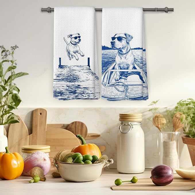 Lake House Decor Pitbull Kitchen Towels Set of 2, Summer Funny Lake Dog Coastal Bathroom Hand Towel, Dog Lover Gifts Tea Towel Dish Towels 16x24 Inch