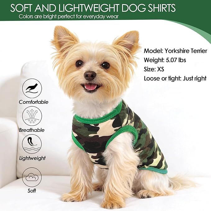 2 Pack Dog Shirts, Summer Camo Pet Tshirt Dog Clothes for Small Dogs Boy Chihuahuas and Yorkies Puppy Outfits Cats Apparel Green Camouflage + Solid Color,XXS