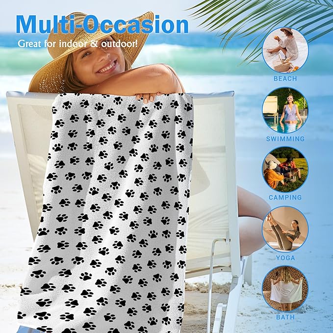 Cute Paws Dog Pet Beach Towel Gifts for Women Dog Lovers Owner, Funny Black and White Microfiber Quick Dry Travel Sand Free Beach Towels Oversized Decor for Bathroom Swimming Pool 30x60 Inch