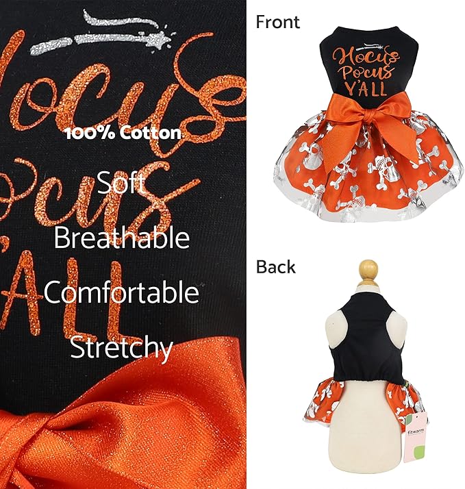 Fitwarm Hocus Pocus Y'all Funny Dog Halloween Tulle Dress, Holiday Dog Clothes for Small Dogs Girl, Funny Pirate Skull Pet Costume, Witch Cat Outfit, Orange, Black, XS