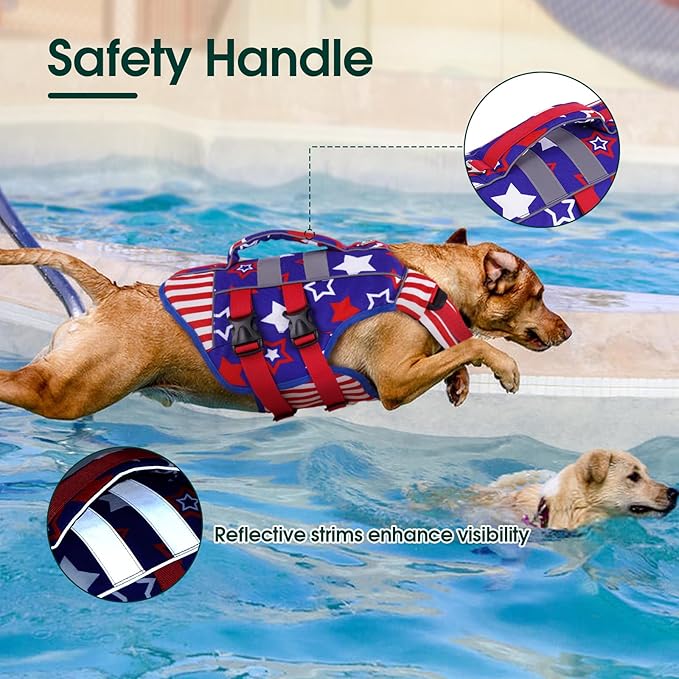 Kuoser Small Dog Life Jacket, High Flotation Dog Life Vest for Swimming Boating, Reflective Dog Swimming Vest Pet Life Preserver with Rescue Handle, Flag S