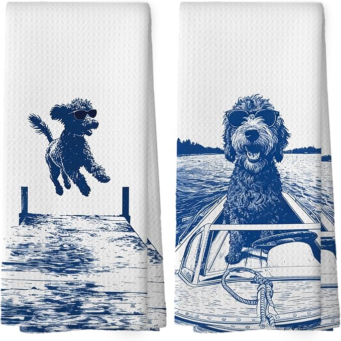 Lake House Decor Portuguese Water Kitchen Towels Set of 2, Summer Funny Lake Dog Coastal Bathroom Hand Towel, Dog Lover Gifts Tea Towel Dish Towels 16x24 Inch