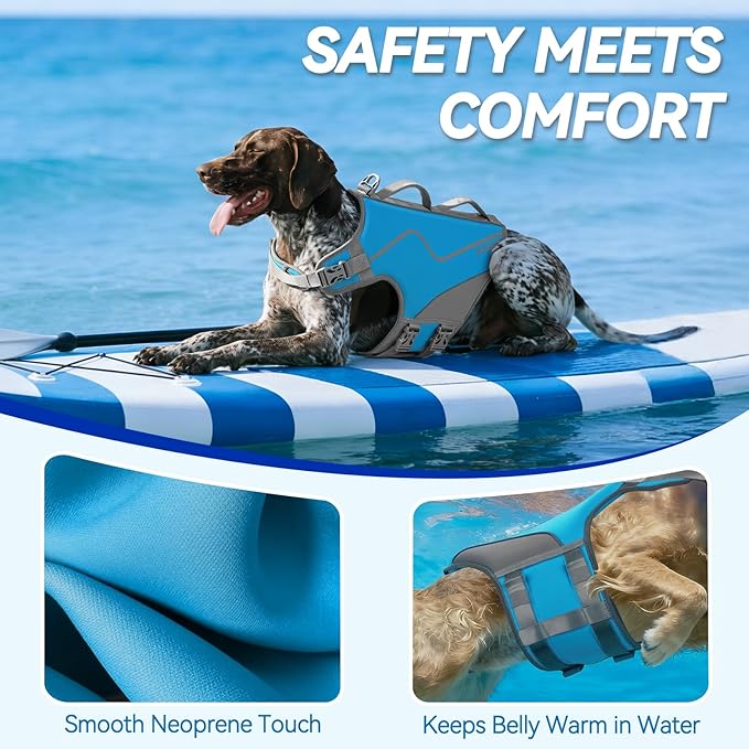 VIVAGLORY Neoprene Dog Life Vest, Dog Life Jacket for Swimming & Boating, Lightweight & Buoyancy for Puppy Doggy, Swimming Vest with Handle, XL, Blue