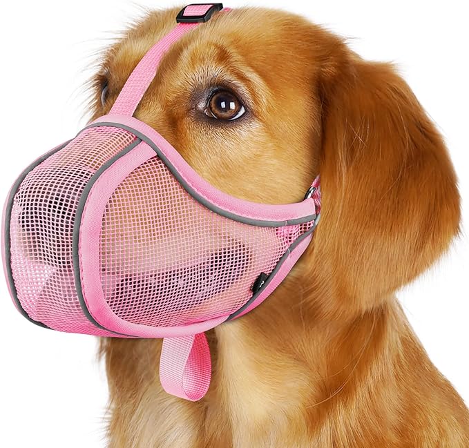Mayerzon Dog Muzzle to Prevent Biting Scavenging Chewing, Soft Mesh Puppy Muzzles for Small Medium Sized Dogs, Breathable Reflective Adjustable Mouth Guard for Grooming Walking Training (S, Pink)