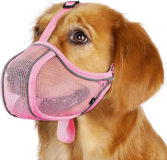 Mayerzon Dog Muzzle to Prevent Biting Scavenging Chewing, Soft Mesh Puppy Muzzles for Small Medium Sized Dogs, Breathable Reflective Adjustable Mouth Guard for Grooming Walking Training (S, Pink)