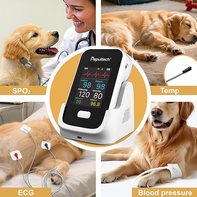 6 Parameters Veterinary Vital Signs Monitor,Bluetooth Veterinary Pulse Oximeter for Dogs, Rechargeable Blood Pressure Monitor for Pets,Oxygen Spo2 Monitoring Tools for Family Clinic Use