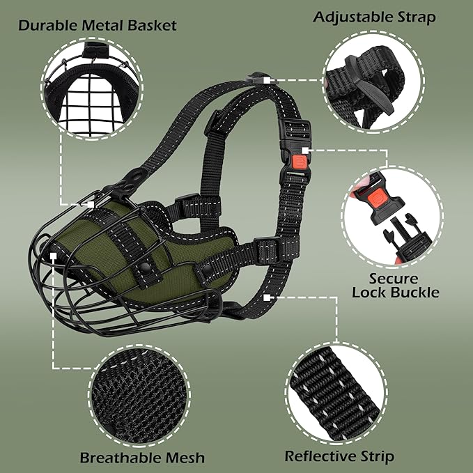 OOPSDOGGY Pitbull Dog Muzzle Reflective Metal Mask Secure Wire Basket Muzzles for Large Sized Dogs Amstaff Soft Cage to Prevent Biting Chewing with Adjustable Nylon Straps (Green, Pitbull)