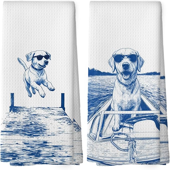 Lake House Decor Labrador Kitchen Towels Set of 2, Summer Funny Lake Dog Coastal Bathroom Hand Towel, Dog Lover Gifts Tea Towel Dish Towels 16x24 Inch