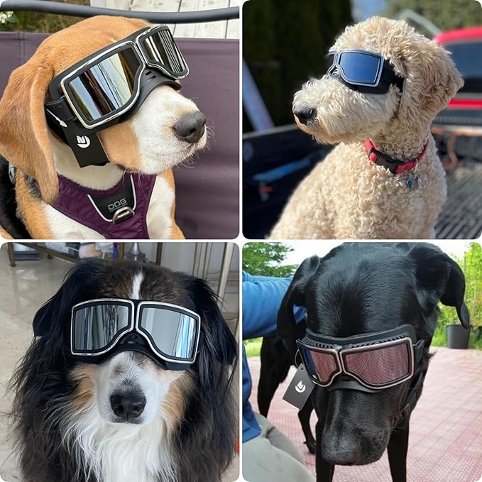 PETLESO Dog Goggles Medium Large Breed, UV400 Dog Sunglasses for Pet Outdoor Riding Driving Hiking, Windproof Snowproof Eyes Protection, Breathable Frame Adjustable Strap, Black