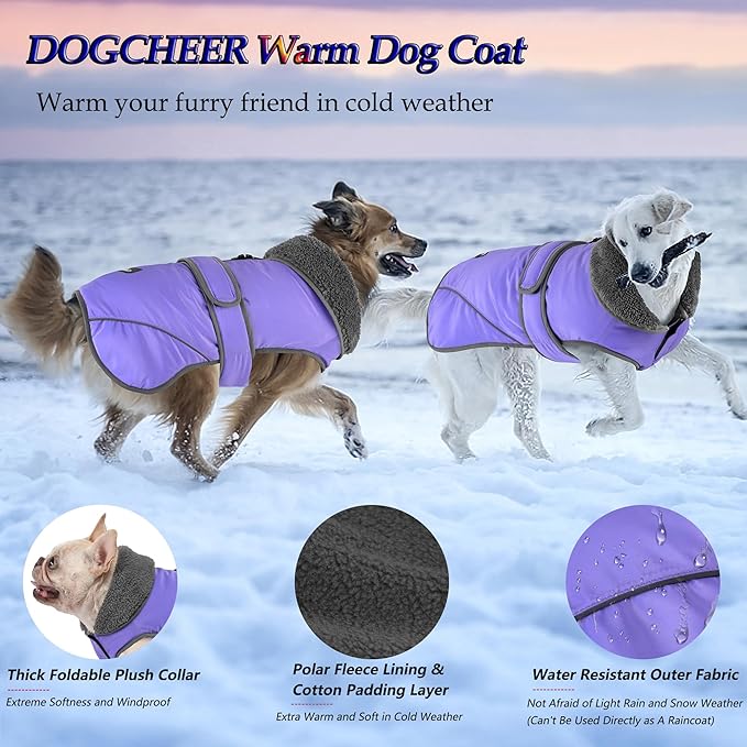 Dogcheer Dog Coat, Waterproof Dog Jacket Reflective Pet Winter Coat with Adjustable Hook & Loop, Christmas Puppy Fleece Jacket Warm Turtleneck Snowsuit for Small Medium Large Dogs - Taro Purple, XL