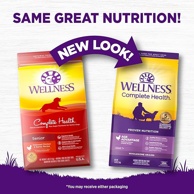 Wellness Complete Health Senior Dry Dog Food, Wholesome Grains, Natural, Age Advantage Chicken & Barley Recipe, (5-Pound Bag)