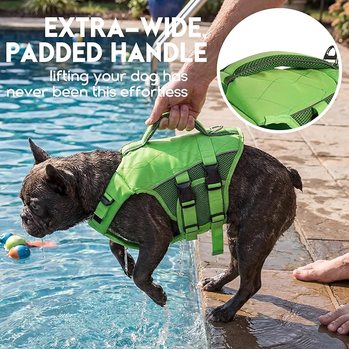 ASENKU Dog Life Jacket, High-Buoyancy Reflective Dog Swimming Vest with Durable Handles for Small/Medium/Large Dogs - Pool, Beach, Boating (Green, 2XL)