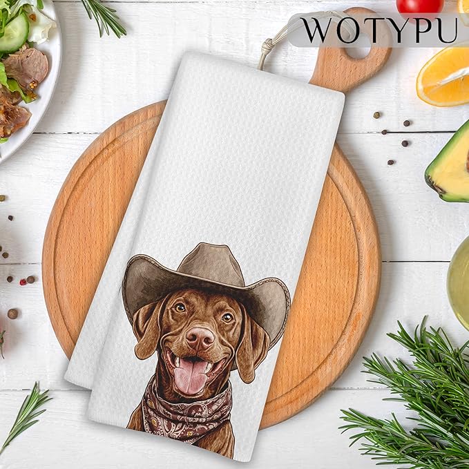 Cowboy Vizsla Kitchen Towels, Vizsla Gifts for Women Men Dish Tea Towel for Kitchen Decor, Funny Western Dog Hand Towels for Bathroom Decor, Dog Lover Mom Gifts, 16X24 Inch