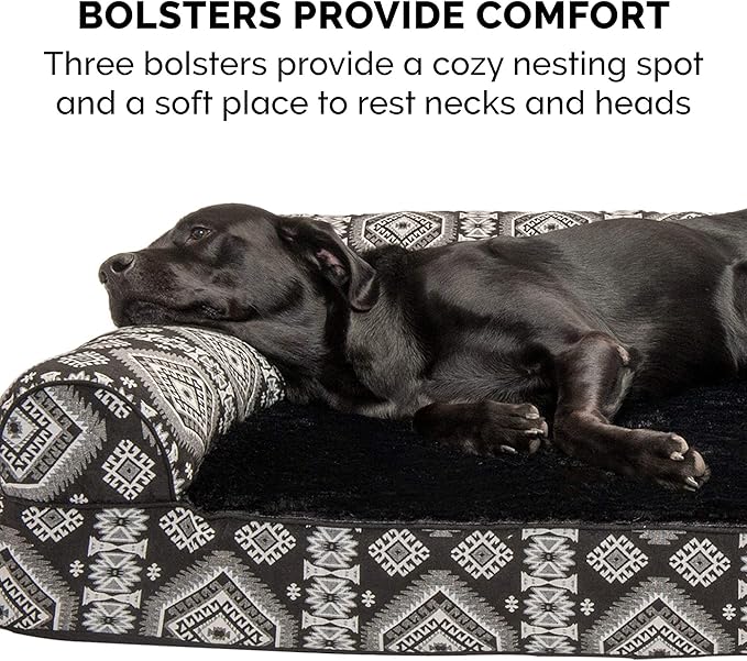 Furhaven Pillow Dog Bed for Large Dogs w/ Removable Bolsters & Washable Cover - Plush & Southwest Kilim Woven Decor Sofa - Black Medallion, Jumbo/XL