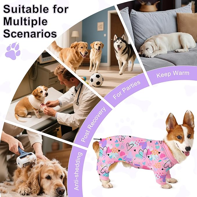 Bienbee Dog Pajamas, 4 Pack Dog Recovery Suit Shedding Suit Cute Soft Puppy Clothes Dogs Pjs Onesies Jammies Adjustable Breathable & Stretchy Clothes for Small Medium Large Dogs Girl Boy Puppy-XL