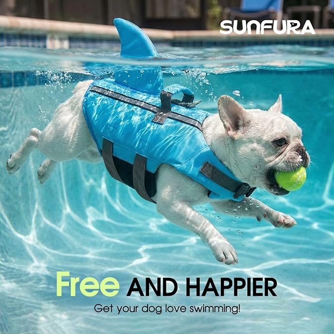SUNFURA Dog Life Jacket Shark Life Vest for Dogs, Adjustable Swmming Vest with High Buoyancy, Safety Lifesaver with Rescue Handle for French Bulldog Small Medium Breeds, Blue XS