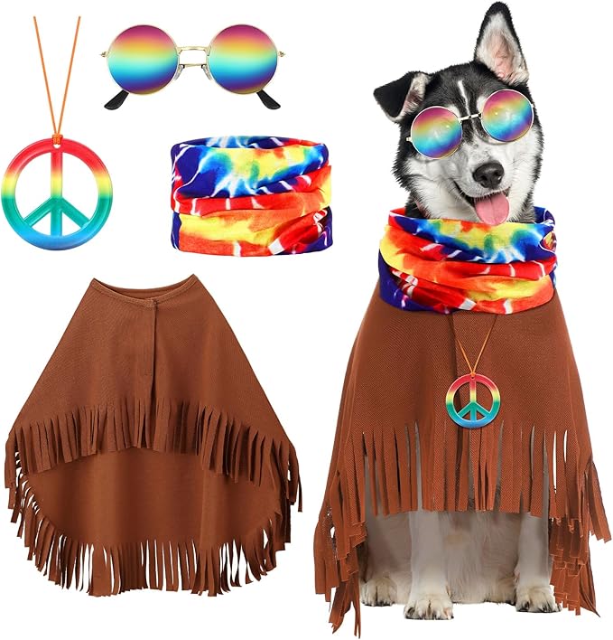 4 Pcs Hippie Dog Costume Pet Dog Hippie Costume Set Includes Sunglasses Scarf Cloak Necklace(Tie Dye,Large)