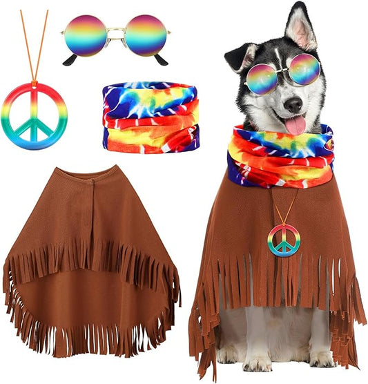 4 Pcs Hippie Dog Costume Pet Dog Hippie Costume Set Includes Sunglasses Scarf Cloak Necklace(Tie Dye,Large)