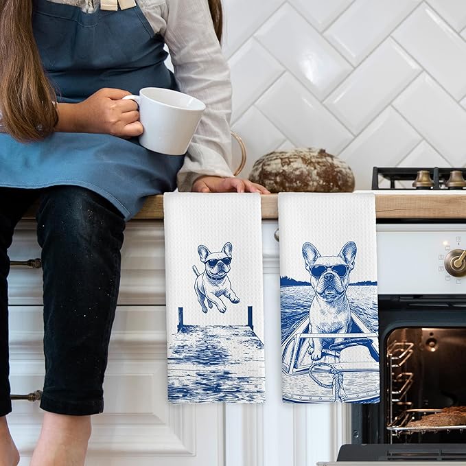 Lake House Decor French Bulldog Kitchen Towels Set of 2, Summer Funny Lake Dog Coastal Bathroom Hand Towel, Dog Lover Gifts Tea Towel Dish Towels 16x24 Inch