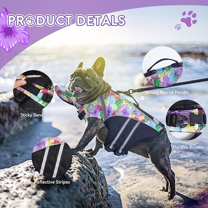 Dog Life Jacket, French Bulldog Life Vest for Swimming Boating, Dog Swim Vest with Chin Float and Rescue Handle, High Flotation Puppy Life Jackets (Chest Girth: 17" to 30", Weight: 17" to 28" LB)