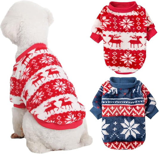 Dog Sweater, 2 Pack Dog Sweaters for Small Dogs, Dog Clothes for Small Dogs Girl Boy, Ultra Soft and Warm Puppy Sweater Dog Coat for Winter Christmas (S, Xmas Red+Xmas Blue)