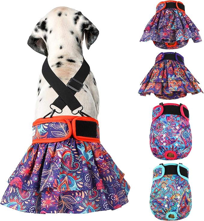 Washable Female Dog Diapers (4 Pack+1 Suspenders), Reusable Female Girl Doggy Doggie Puppy Wraps Panties Belly Band for Pet Heat Period Pooping Peeing Potty Training Incontinence Marking XLarge