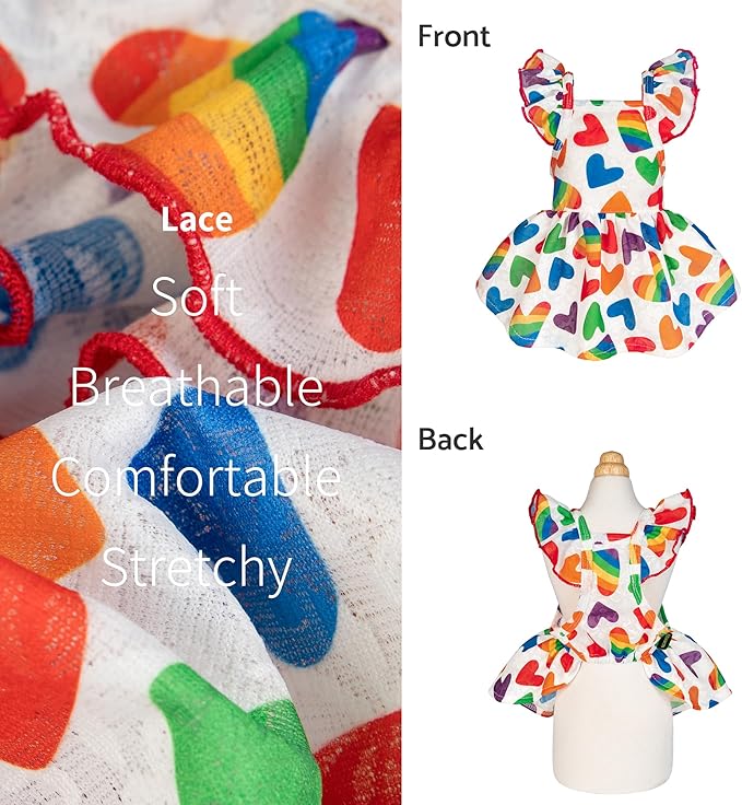 Fitwarm Colorful Heart Dog Dress, Summer Clothes for Small Dogs Girl, Cute Pet Rainbow Outfit, Red, Yellow, Blue, Green, White, XXS