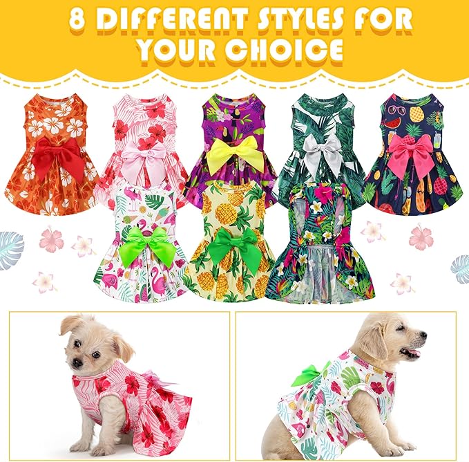 LEIFIDE 8 Pcs Summer Themed Hawaii Dog Dresses Holiday Flamingo Fruit Floral Pattern Pet Skirts Hawaii Puppy Princess Dresses Outfits Bowknot for Girl Dogs Cats Beach(Medium)