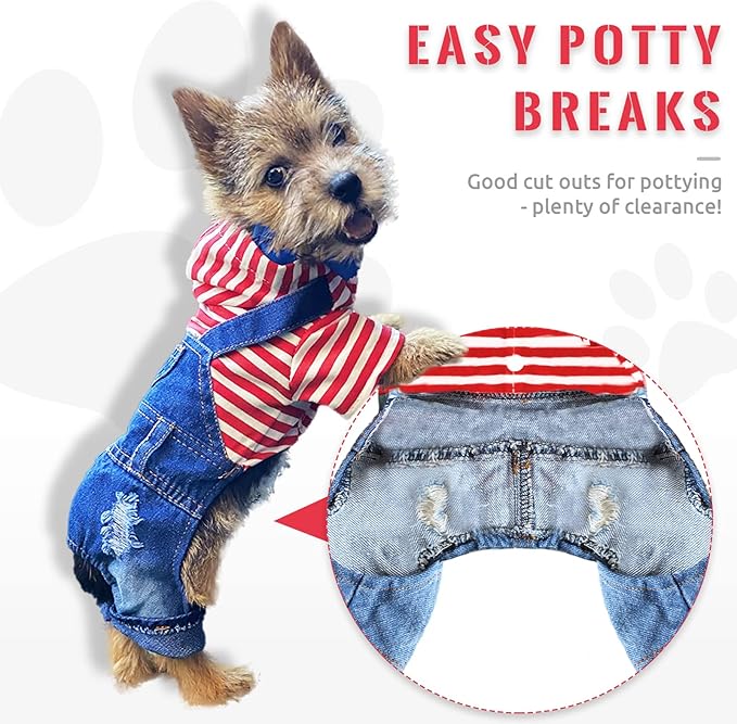 Small Dog Hoodie Clothes Cute Stripe Shirts Denim Jumpsuit One-Piece Outfit for Small Medium Dogs Cats Boy Girl Chihuahua Blue Jeans Overalls Puppy Costume (Red,M)