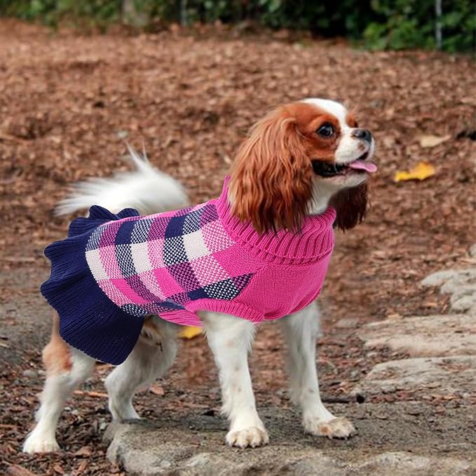Dog Sweater Dress Plaid Knitwear for Small Medium Dogs Warm Puppy Pet Turtleneck Stretch Pullover Cute Fall Winter Vest Clothes with Leash Hole for Christmas (Navy, 2XL)