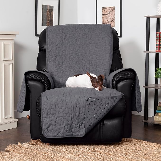 Furhaven Waterproof & Non-Slip Recliner Chair Cover Protector w/ Side Pockets for Dogs, Cats, & Children - Quilted Paw Print Living Room Furniture Cover - Gray, Recliner