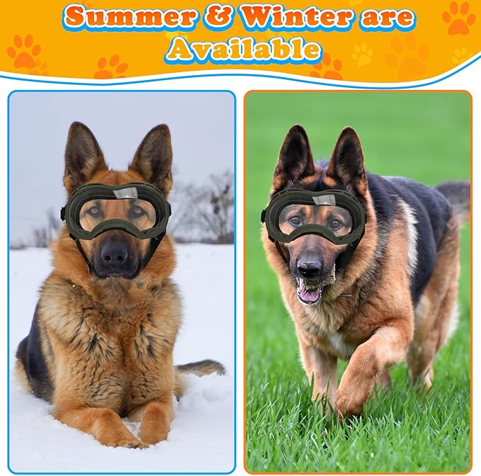 Dog Goggles for Large Dogs, UV Protection Dog Sunglasses, Adjustable Strap, Windproof、Dustproof、Anti-Fog Eye Protection Sunglasses for Large and Medium Dogs (Olive Green Frame)