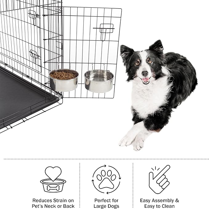 Set of 2 Stainless-Steel Dog Bowls - Cage, Kennel, and Crate Hanging Pet Bowls for Food and Water - 50.4oz Each and Dishwasher Safe by PETMAKER (Pack of 2)