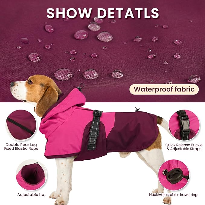 BRKURLEG Dog Raincoat Adjustable Dog Rain Jacket with Hood Dogs Waterproof Rainproof Jacket with Leash Hole Pet Poncho Rain Coat Poncho with Reflective Strip, Rose Red, XXXL