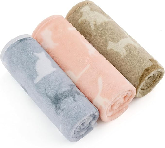 Bedsure 1 Pack 3 Pet Blankets, Super Soft Fluffy Premium Fleece Flannel Portable Throw Dog Blankets for Small Dogs, Printed Cat Puppy Blanket Pink/Grey/Brown Small(20x30 inch)