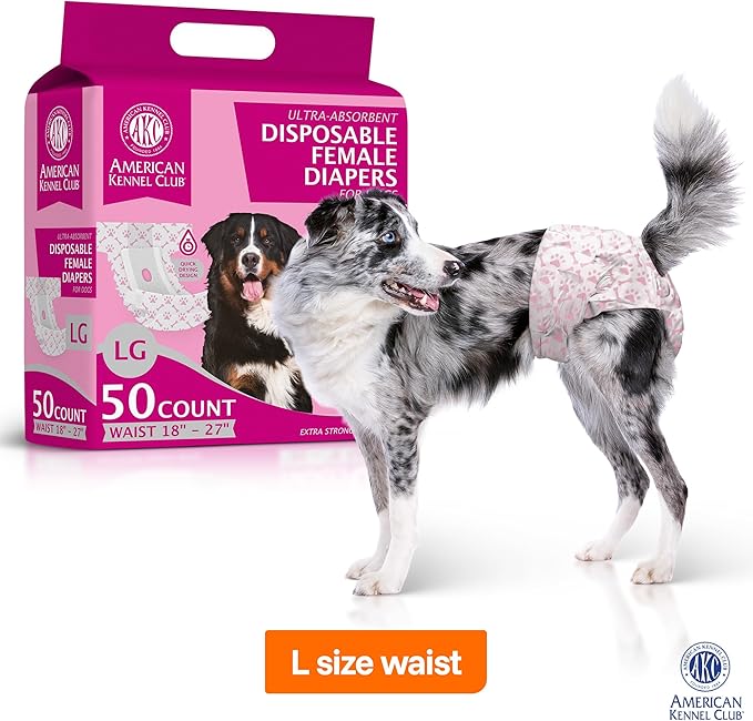 American Kennel Club Female Dog Wrap, Disposable Diapers with Wetness Indicator (L – High Tail (18–27 in), 50, Count)
