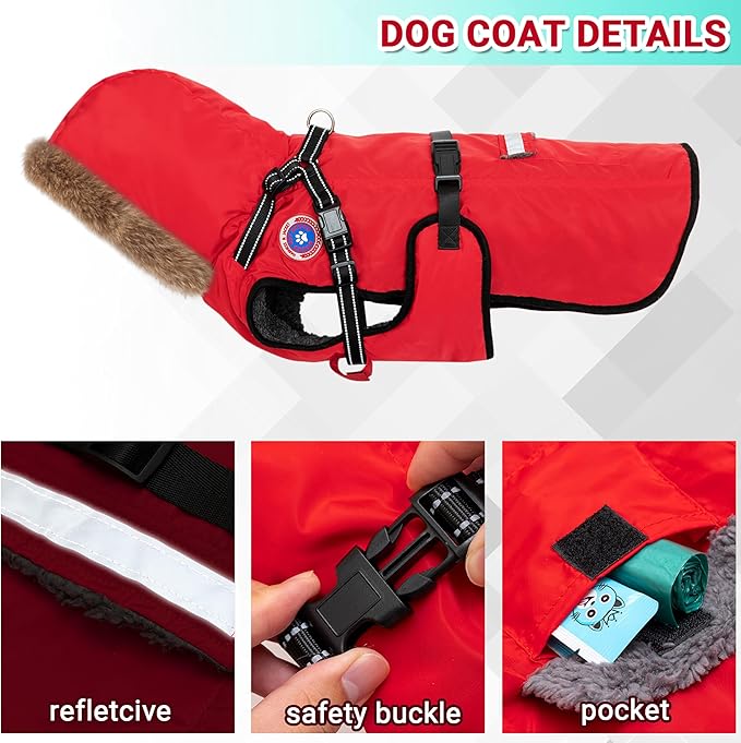 PAWNISAW Dog Winter Coat with Harness Built in, Warm Thick Plush Hooded Dog Snow Jacket for Cold Weather, Windproof Reflective Pet Clothes Outfit for Small, Medium, Large, XL & XXL Dogs Outdoor