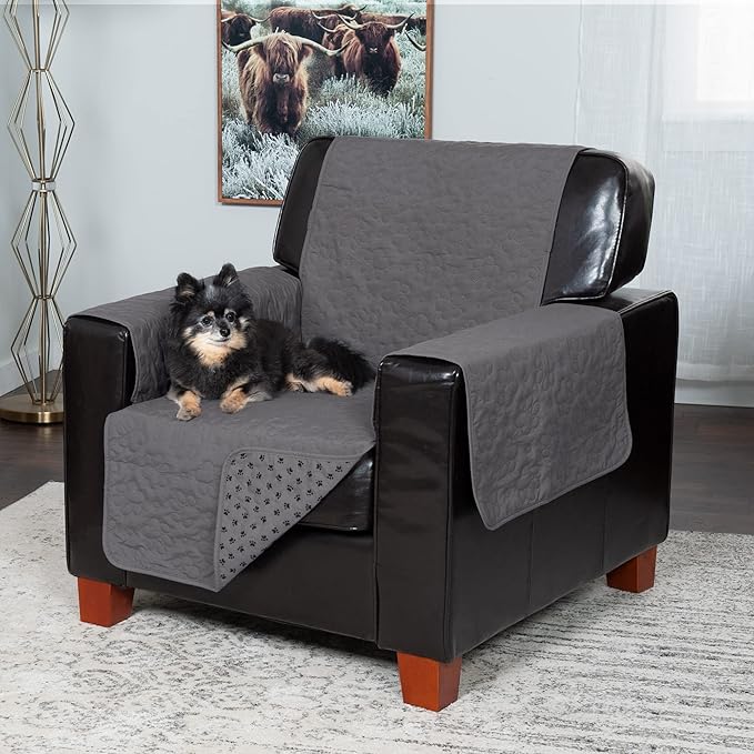 Furhaven Waterproof & Non-Slip Chair Cover Protector for Dogs, Cats, & Children - Quilted Paw Print Living Room Furniture Cover - Gray, Chair