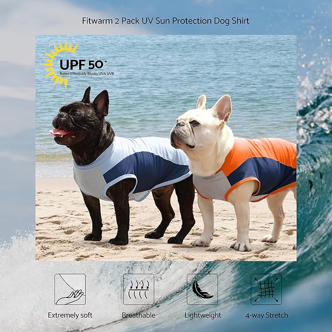 Fitwarm 2 Pack UPF 50+ UV Sun Protection Dog Shirt, Quick Dry Summer Dog Clothes for Small Dogs Boy Girl, Reflective Label, Lightweight Breathable Cooling Vest, Pet Cat Outfit, Orange, Blue, XS