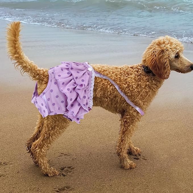 Pet Dog Sanitary Diaper Pants with Breathable Fabric, Purple Polka Dot Puppy Sanitary Pantie, Size L, Female Dog Physiological Nappies for Heat Period Protection