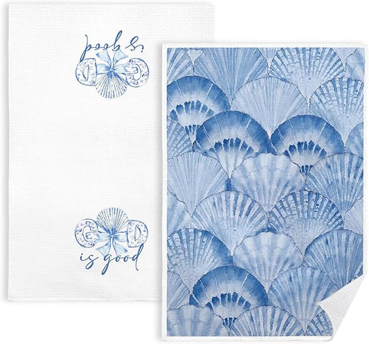 Coquette Blue Bow Seashell Coastal Beach Kitchen Towels Set of 2, God is Good Inspirational Christian Dish Tea Towels for Kitchen Decor, Preppy Beach Hand Towels for Bathroom Decor, 16x24 Inch
