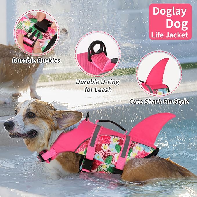 Doglay Dog Life Jacket Shark, Ripstop Dog Life Vests for Swimming Boating with High Buoyancy and Rescue Handle, Adjustable Dog Life Jacket Pet Flotation Vest for Small Medium Large Dogs