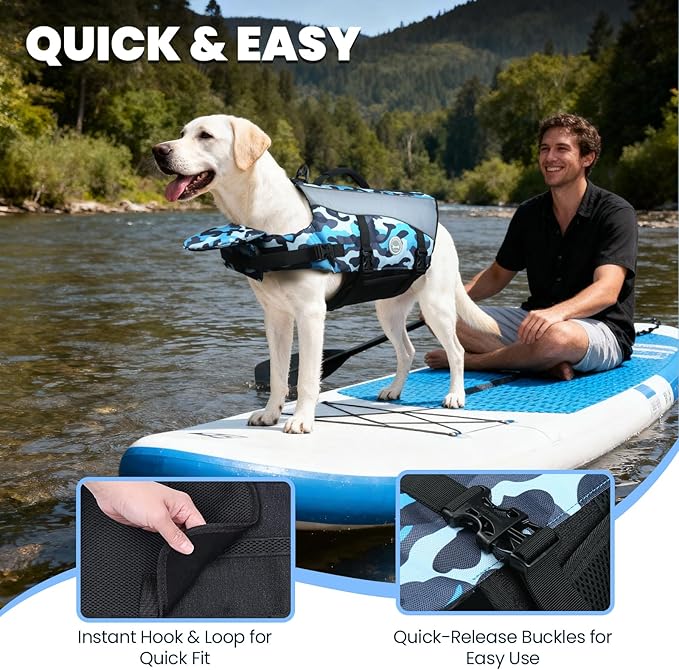 VIVAGLORY Front Float Dog Life Vest, Dog Life Jacket for Swimming & Boating, Swimming Vest with Chin Float & Handle, Ripstop & Buoyancy for Puppy Doggy, S, Camo Blue