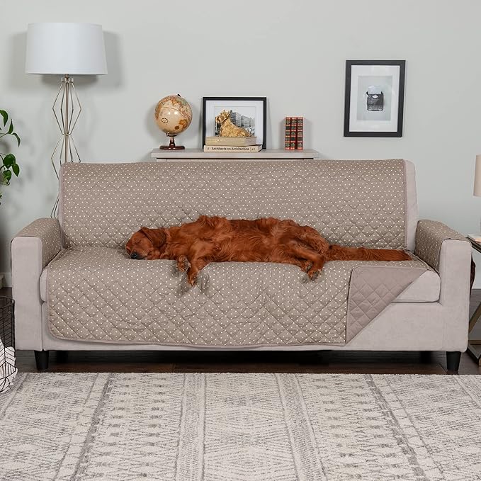 Furhaven Water-Resistant & Reversible Sofa/Couch Cover Protector for Dogs, Cats, & Children - Quilted Polka Paw Living Room Furniture Cover - Biscuit Brown, Sofa