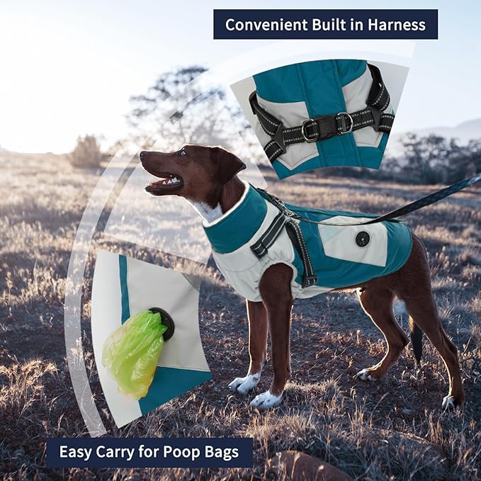 IECOii Dog Winter Jacket for Small Dogs, Waterproof Dog Coat with Harness Built in, Windproof Reflective Zip Up Fleece Jacket for Dogs, Puppy Thermal Warm Snowsuit for Cold Weather, Turquoise Green, S